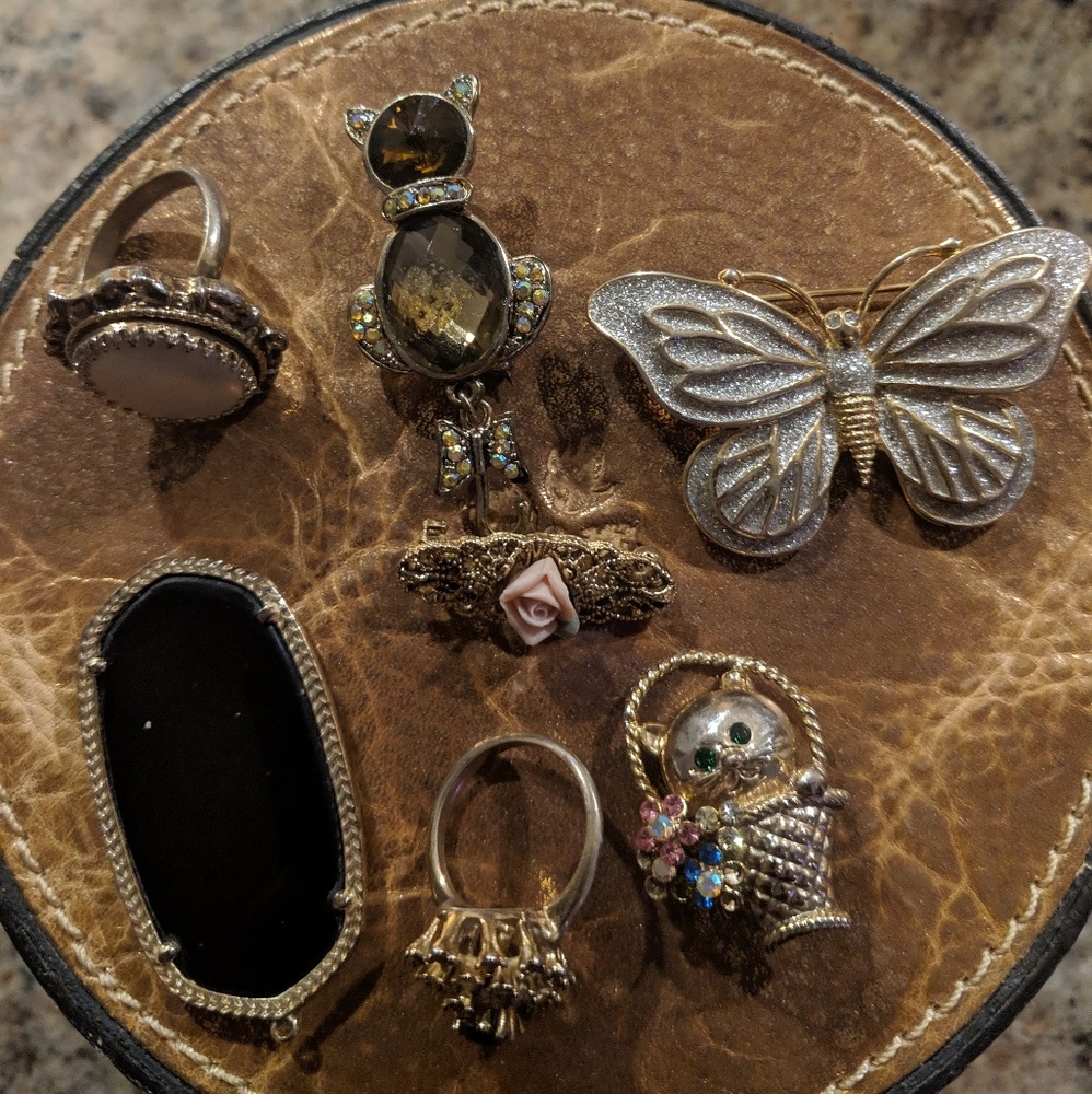 Assorted pins, costume jewelry and pendent